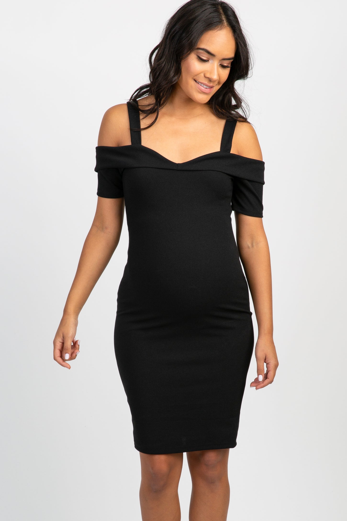 PinkBlush Black Solid Cold Shoulder Maternity Fitted Dress