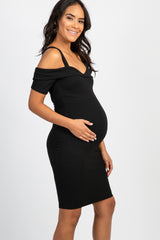 PinkBlush Black Solid Cold Shoulder Maternity Fitted Dress