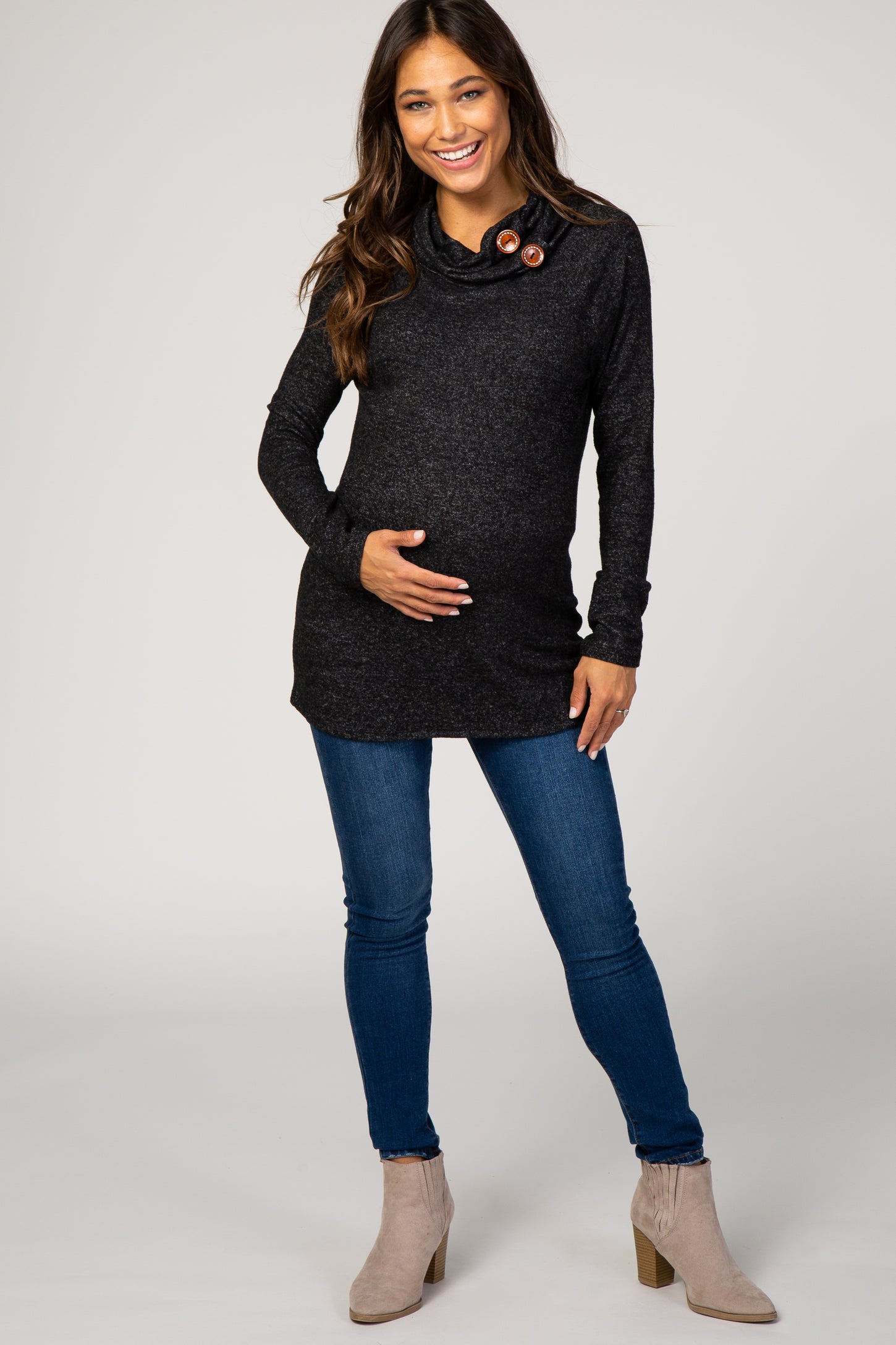 Black Heather Knit Cowl Neck Maternity Top