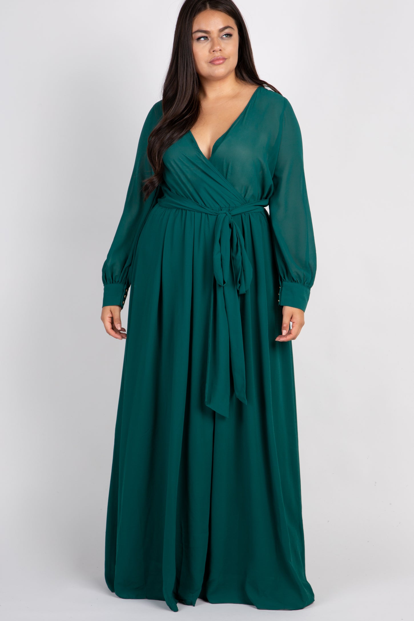 Green Chiffon Long Sleeve Pleated Plus Maternity Maxi Dress