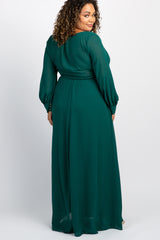 Green Chiffon Long Sleeve Pleated Plus Maternity Maxi Dress