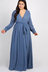 Blue Chiffon Long Sleeve Pleated Plus Maternity Maxi Dress