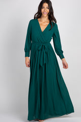 Green Chiffon Long Sleeve Pleated Maxi Dress