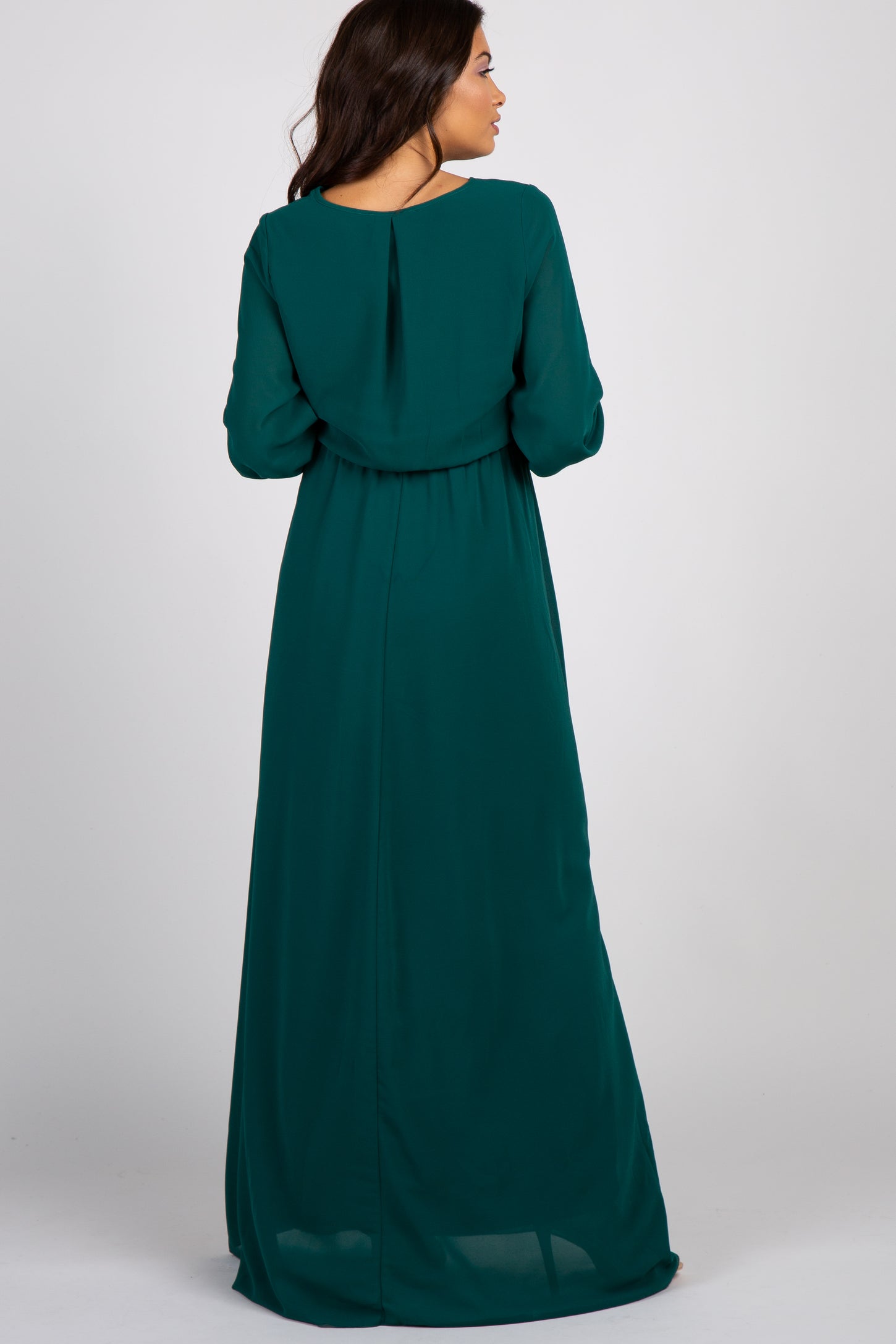 Green Chiffon Long Sleeve Pleated Maternity Maxi Dress