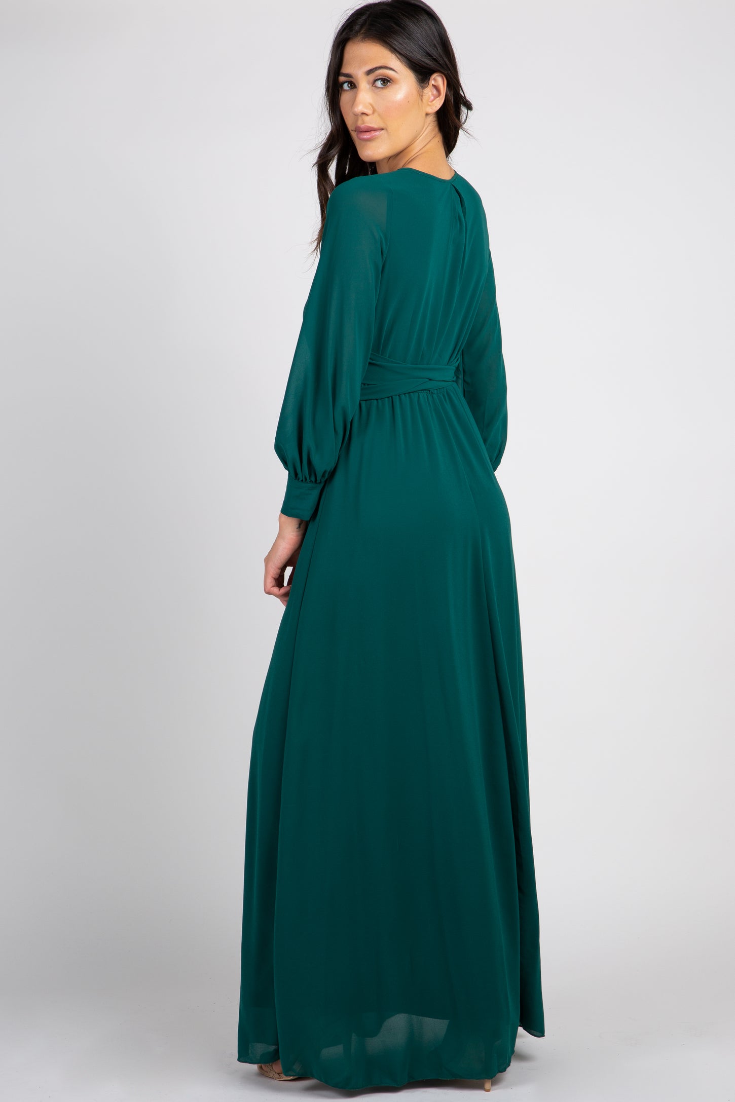 Green Chiffon Long Sleeve Pleated Maxi Dress