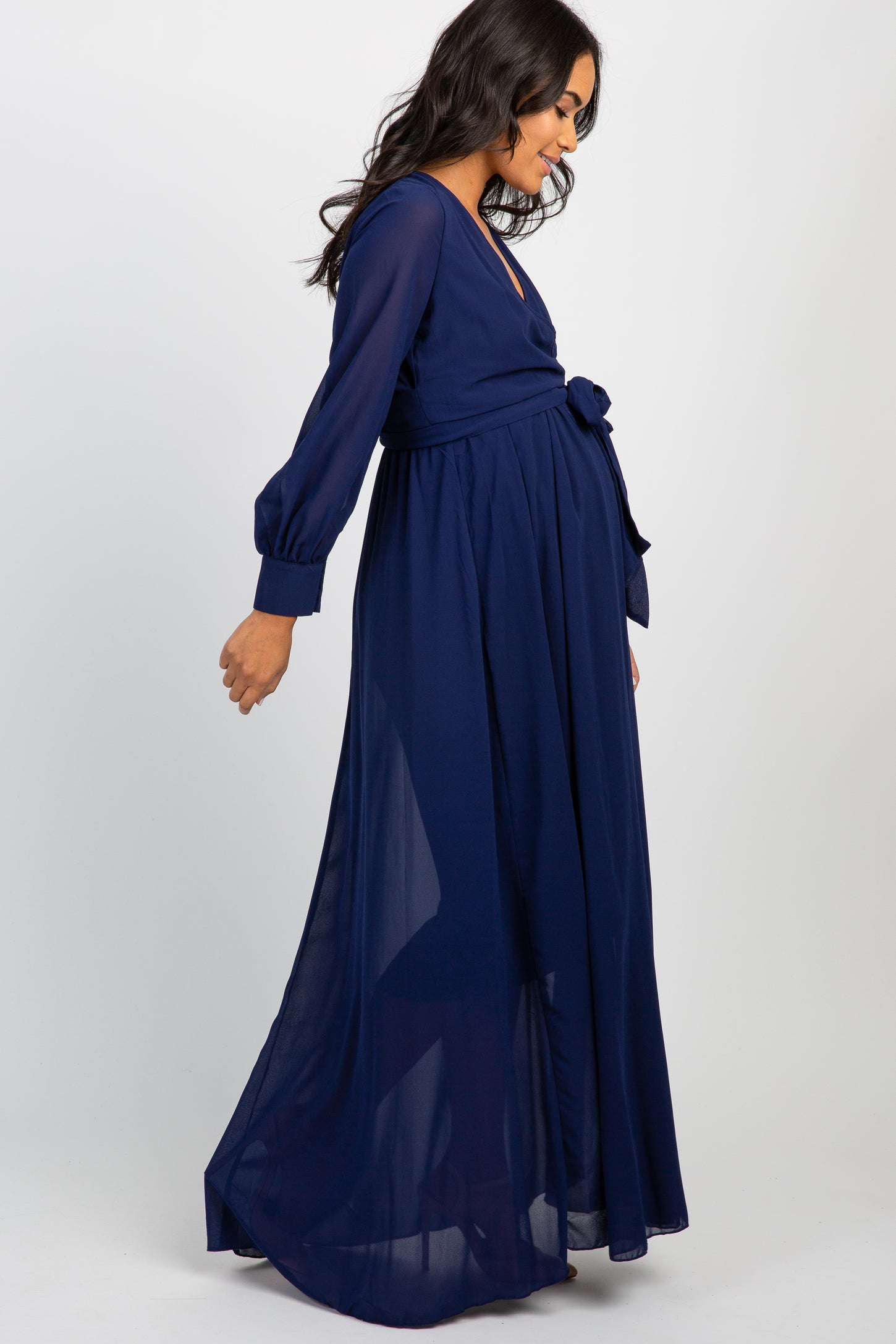 Navy Chiffon Long Sleeve Pleated Maternity Maxi Dress