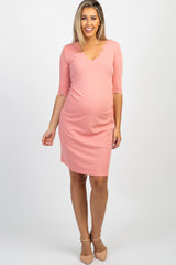 PinkBlush Peach Solid Scalloped Trim Fitted Maternity Dress