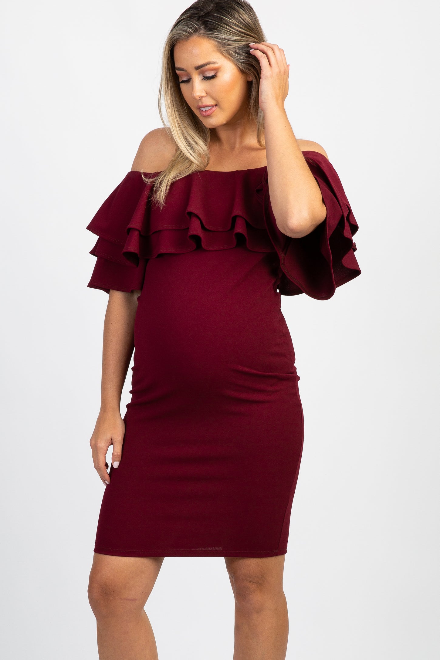 PinkBlush Burgundy Layered Ruffle Off Shoulder Fitted Maternity Dress