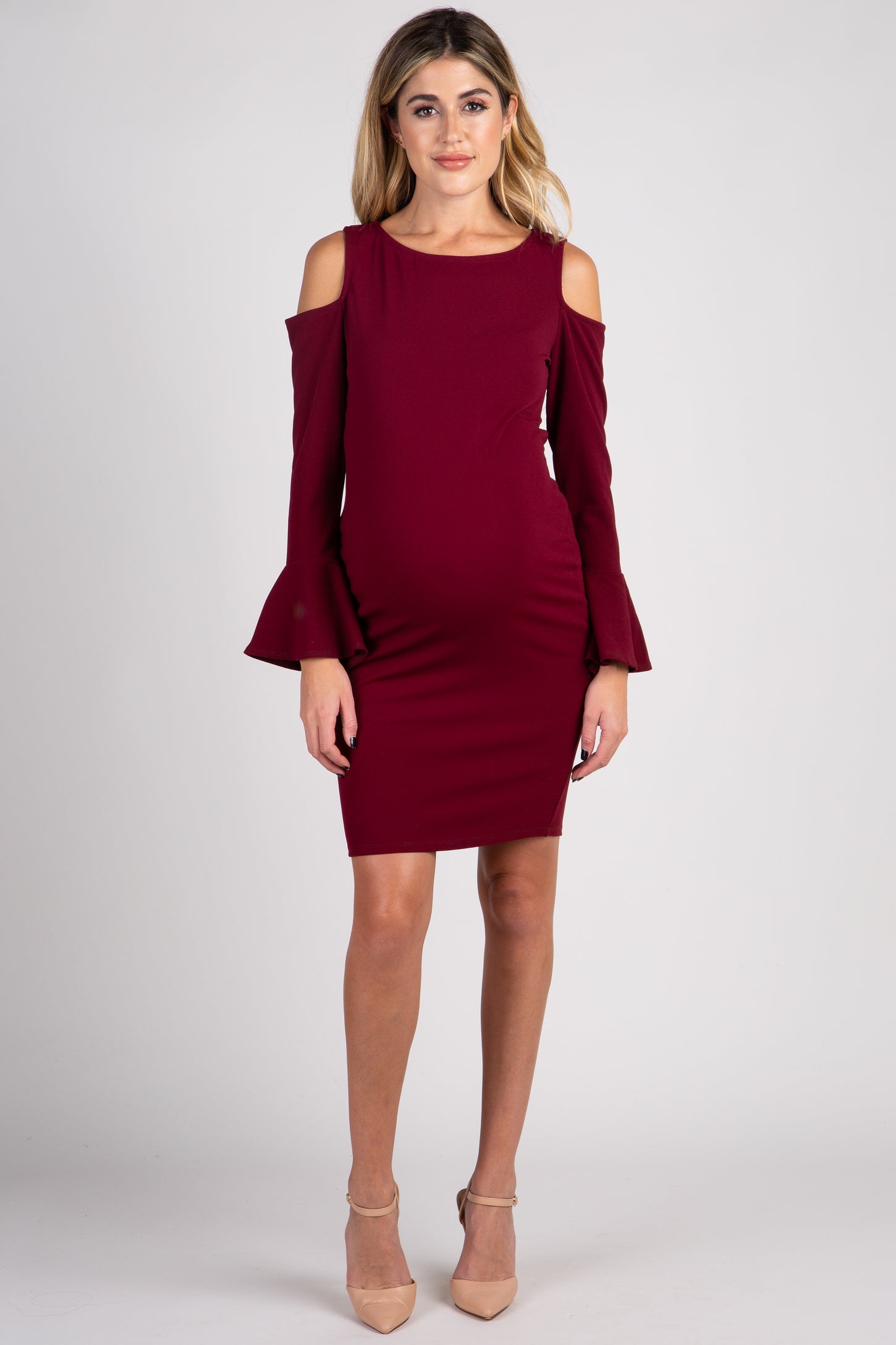 PinkBlush Burgundy Cold Shoulder Bell Sleeve Fitted Maternity Dress