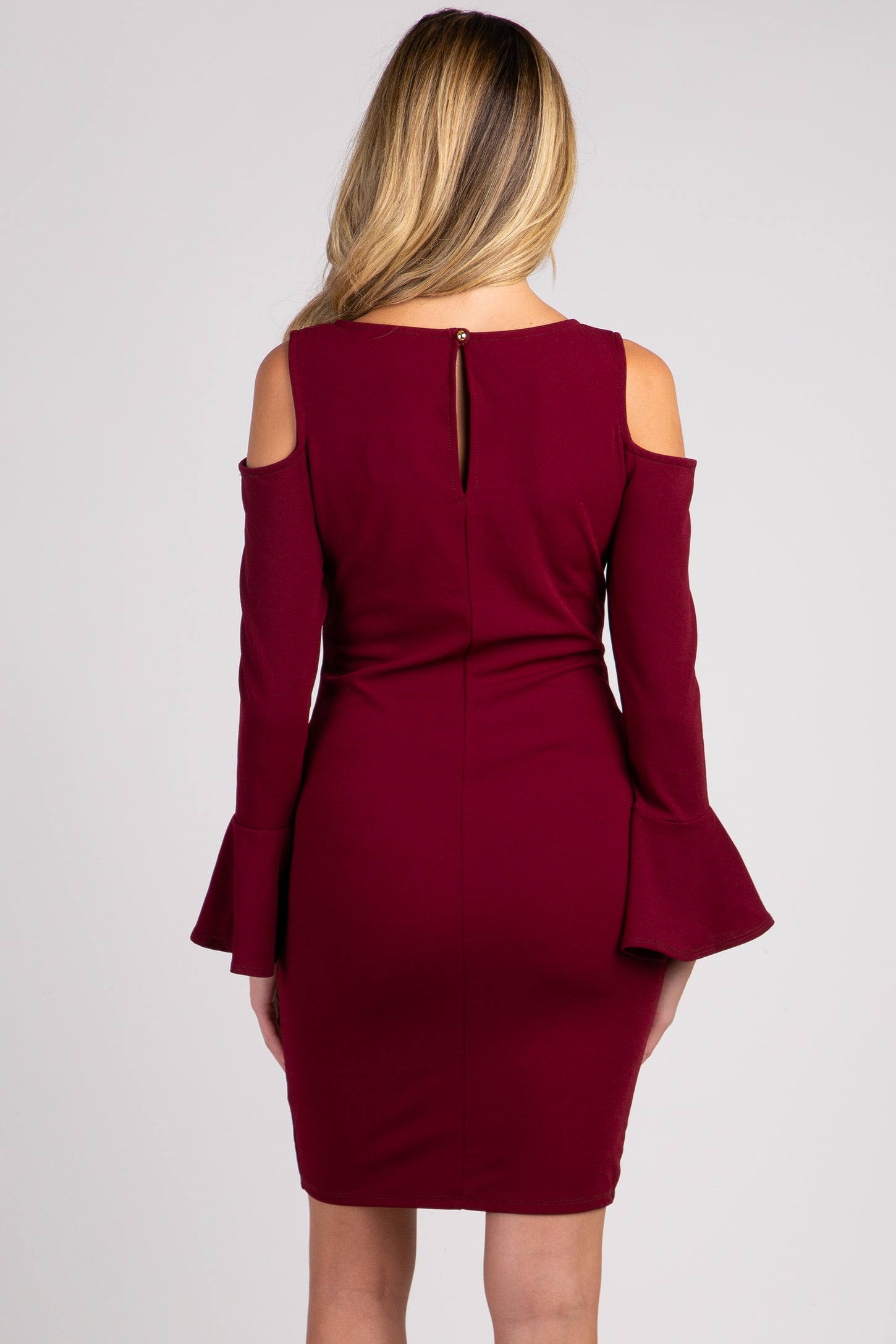 PinkBlush Burgundy Cold Shoulder Bell Sleeve Fitted Maternity Dress