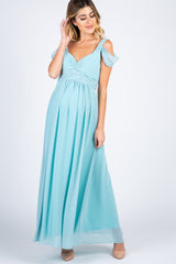 Light Blue Chiffon Pleated Open Shoulder Maternity Evening Gown