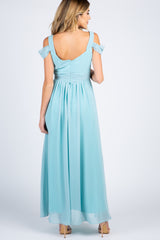 Light Blue Chiffon Pleated Open Shoulder Maternity Evening Gown