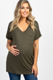 Olive V-Neck Pocket Accent Maternity Top