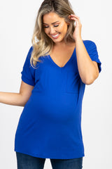 Royal Blue V-Neck Pocket Accent Maternity Top