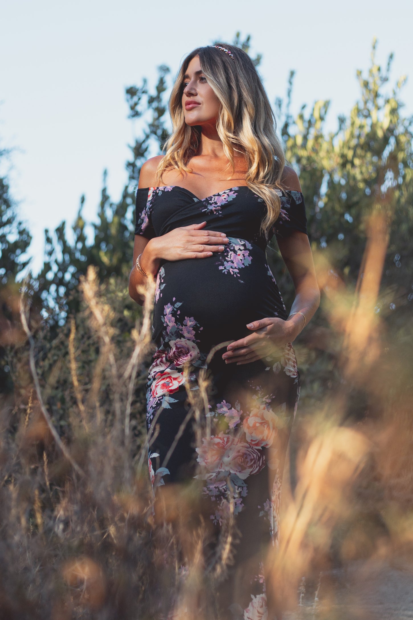 PinkBlush Black Rose Floral Off Shoulder Wrap Maternity Photoshoot Gown/Dress