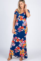 PinkBlush Navy Blue Floral Off Shoulder Wrap Maternity Photoshoot Gown/Dress