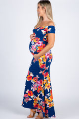 PinkBlush Navy Blue Floral Off Shoulder Wrap Maternity Photoshoot Gown/Dress