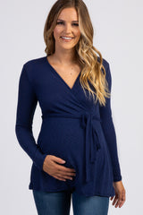 PinkBlush Navy Blue Ribbed Sash Tie Maternity Nursing Wrap Top