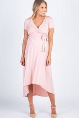 PinkBlush Light Pink Solid Hi-Low Maternity Wrap Dress