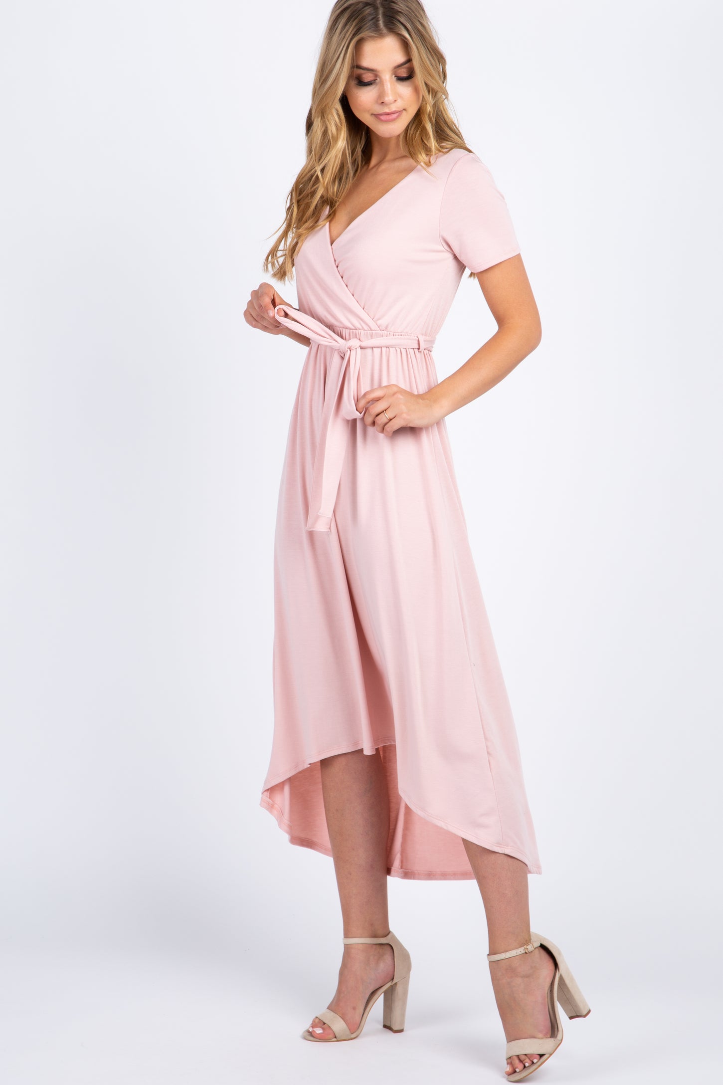 PinkBlush Light Pink Solid Hi-Low Wrap Dress