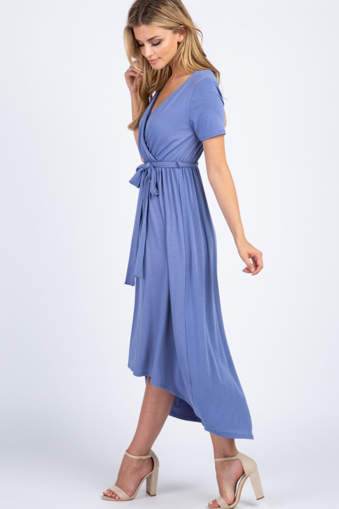 Slate Blue Solid Hi-Low Wrap Dress