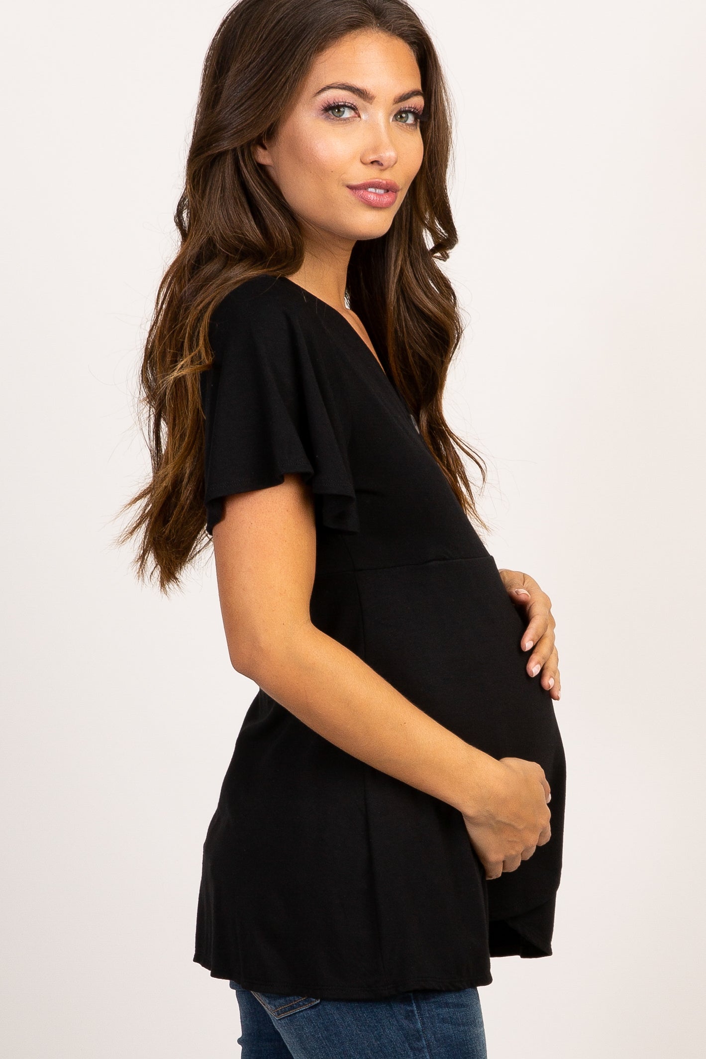 PinkBlush Black Short Sleeve Button Accent Maternity/Nursing Wrap Top