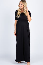 Black Short Sleeve Pleated Maternity Maxi Dress