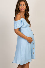 PinkBlush Light Blue Button Accent Open Shoulder Maternity Dress