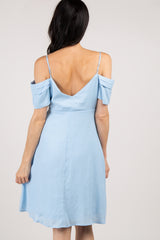 PinkBlush Light Blue Button Accent Open Shoulder Dress