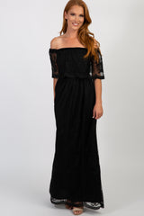 Black Lace Mesh Overlay Off Shoulder Maternity Maxi Dress