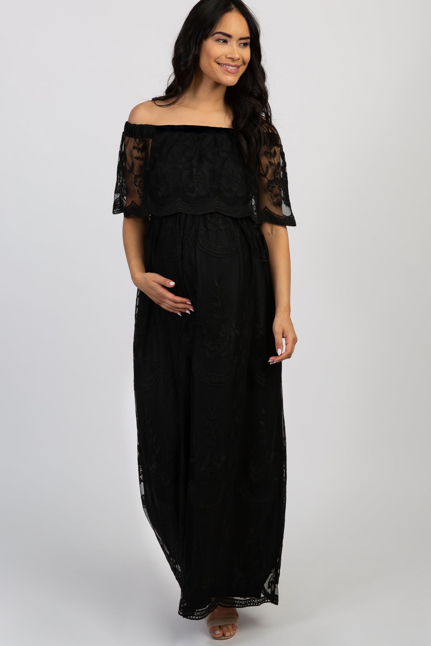 Black Lace Mesh Overlay Off Shoulder Maternity Maxi Dress