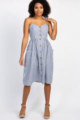 Navy Striped Sweetheart Button Front Dress
