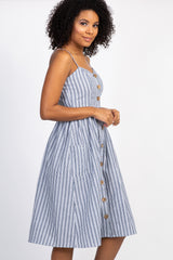Navy Striped Sweetheart Button Front Dress