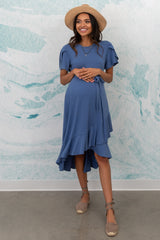 PinkBlush Blue Ruffle Trim Hi-Low Wrap Maternity Dress