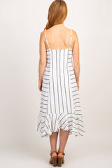 White Striped Cami Straps Ruffle Trim Dress