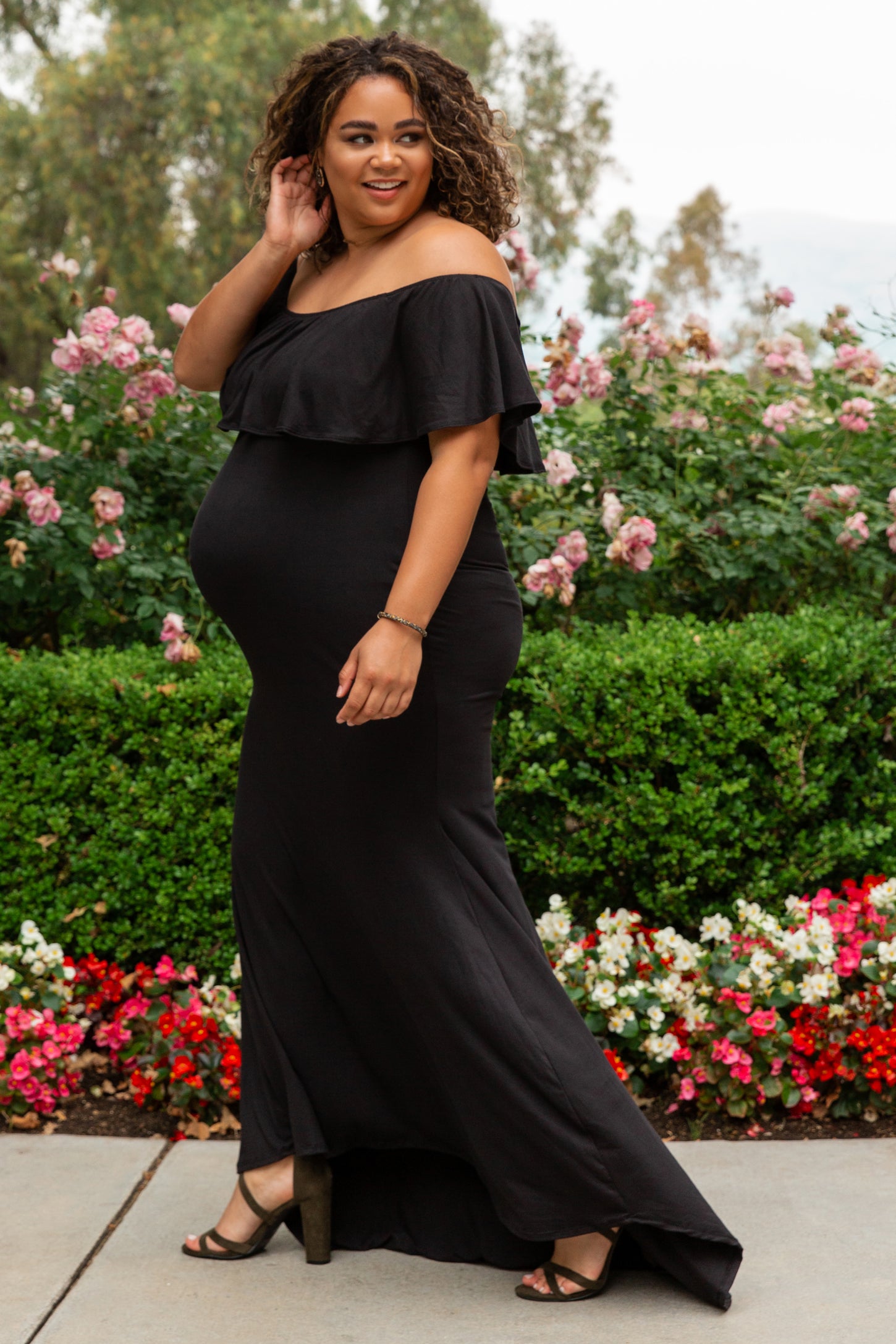 PinkBlush Black Ruffle Off Shoulder Mermaid Maternity Plus Photoshoot Gown/Dress