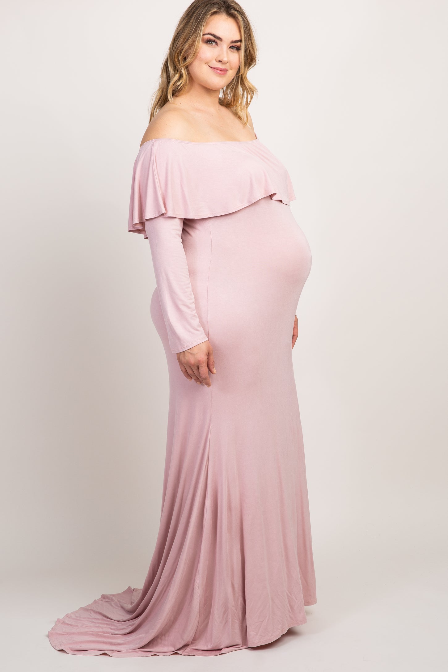 PinkBlush Mauve Off Shoulder Ruffle Maternity Plus Photoshoot Gown/Dress
