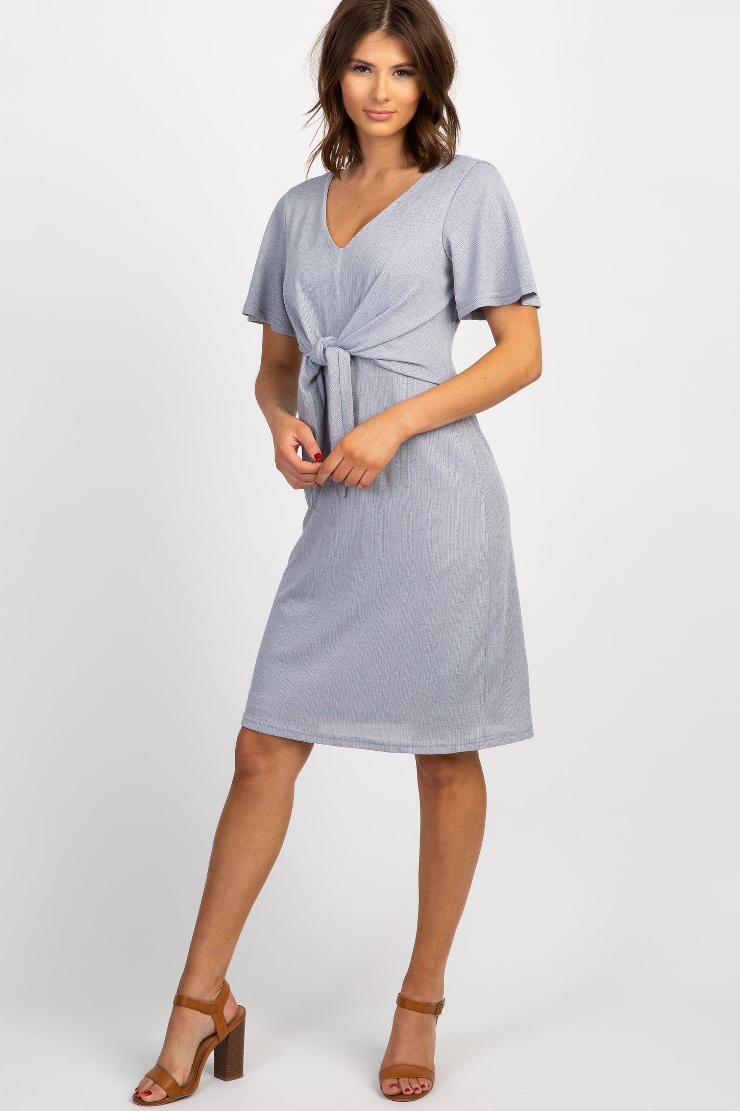 Grey Short Sleeve Tie Front Maternity Dress