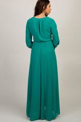 Green Chiffon Long Sleeve Pleated Maternity Maxi Dress