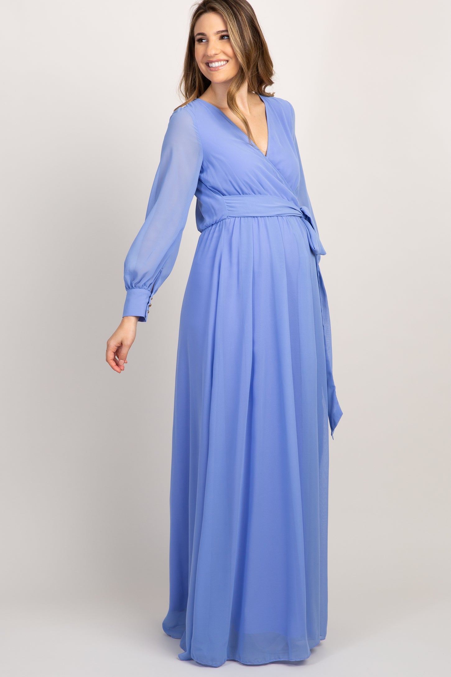 Periwinkle Chiffon Long Sleeve Pleated Maternity Maxi Dress