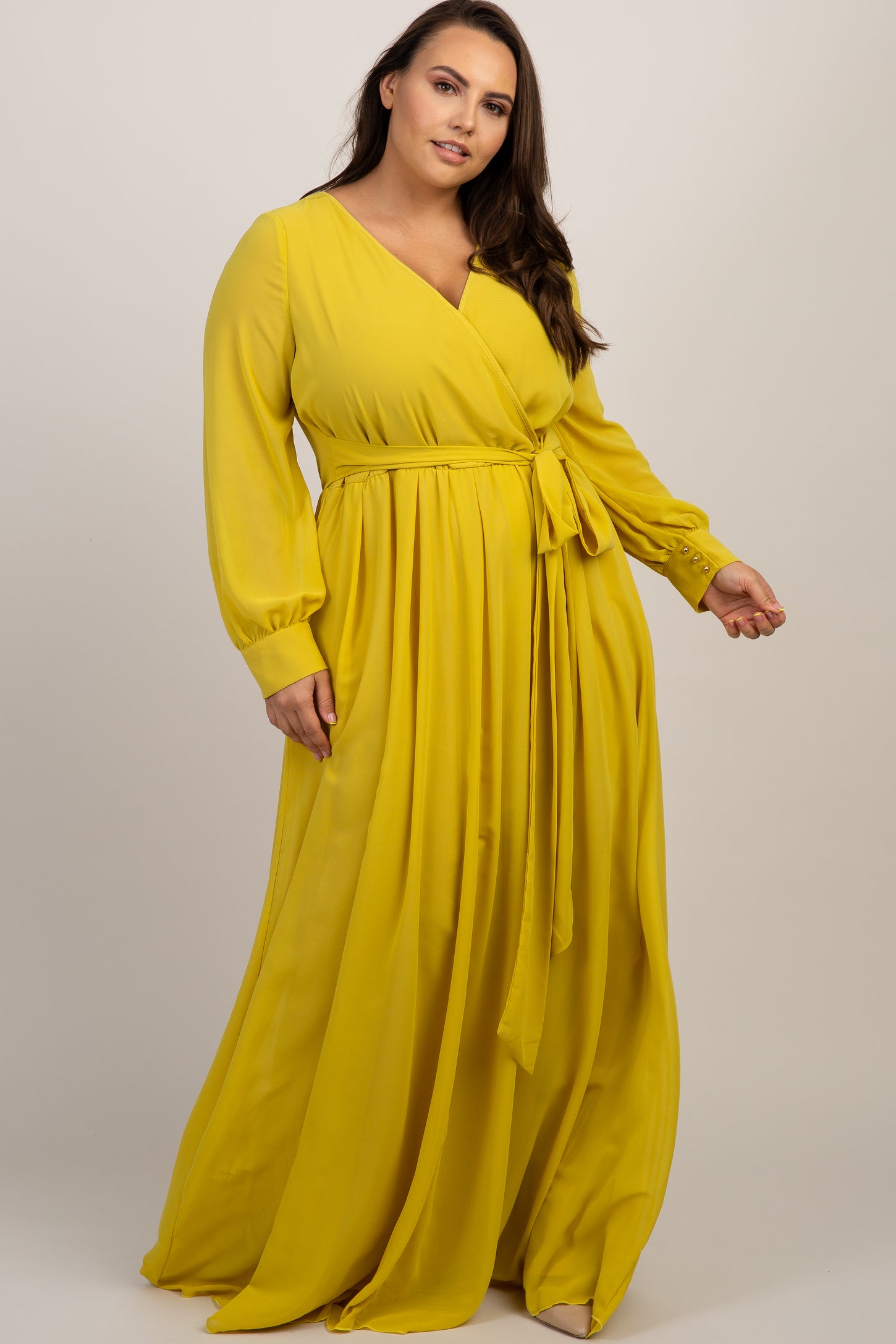 Yellow Chiffon Long Sleeve Plus Maternity Maxi Dress