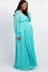 Mint Green Chiffon Long Sleeve Pleated Plus Maternity Maxi Dress