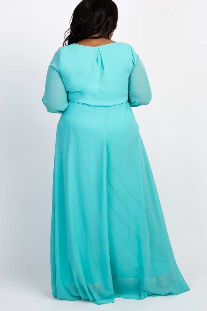 Mint Green Chiffon Long Sleeve Pleated Plus Maxi Dress