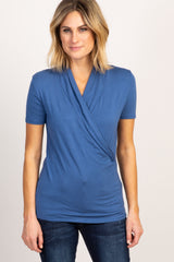 Blue Solid Short Sleeve Wrap Front Maternity/Nursing Top