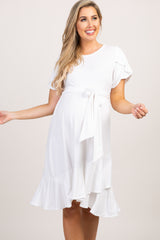 Ivory Solid Flounce Trim Maternity Dress