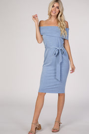 PinkBlush Blue Folded Off Shoulder Belted Fitted Dress