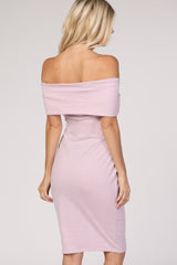 PinkBlush Light Pink Folded Off Shoulder Belted Fitted Dress