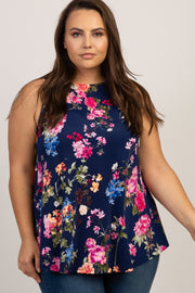 Navy Floral Sleeveless Plus Top