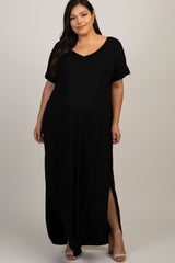 Black Short Sleeve Round Hem Maternity Plus Maxi Dress
