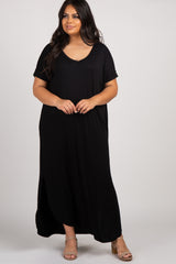 Black Short Sleeve Round Hem Plus Maxi Dress